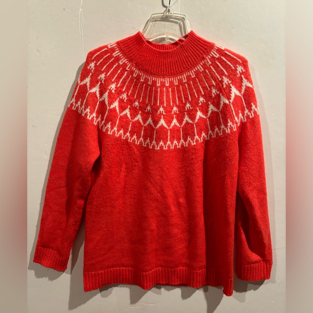 Talbots Tomato Red and White Fair Isle Design Crew Neck Sweater Sz L